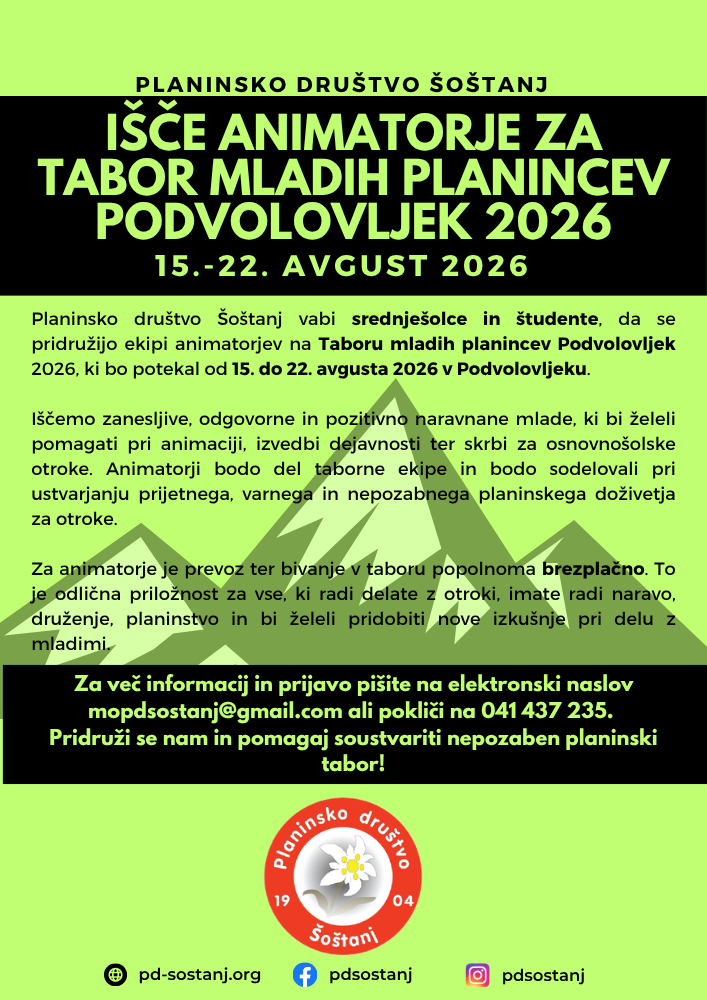 Iščemo animatorje za Tabor mladih planincev Podvolovljek 2026